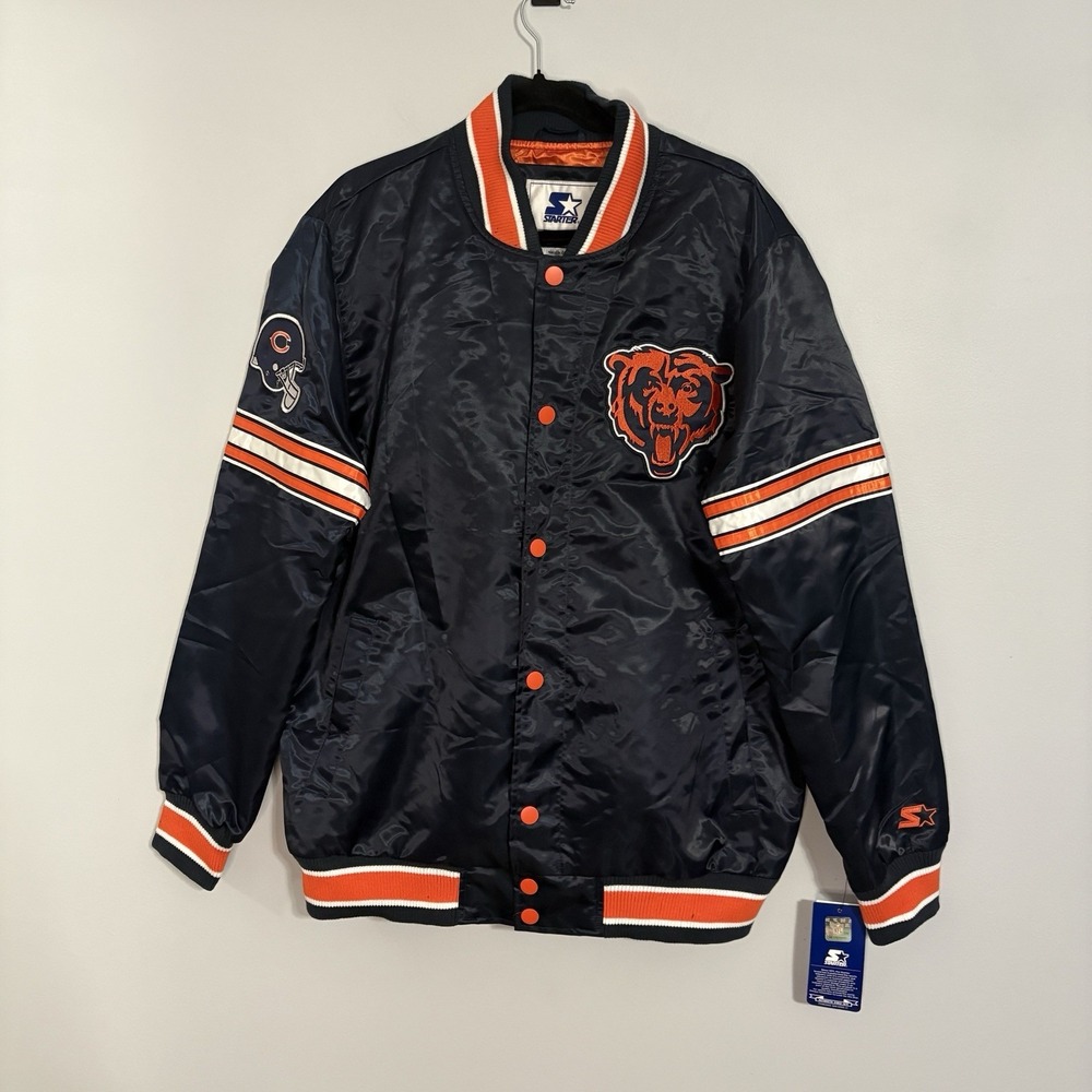 Starter NFL Chicago Bears Satin Varsity Jacket Navy Orange Mens XL NWT G-III